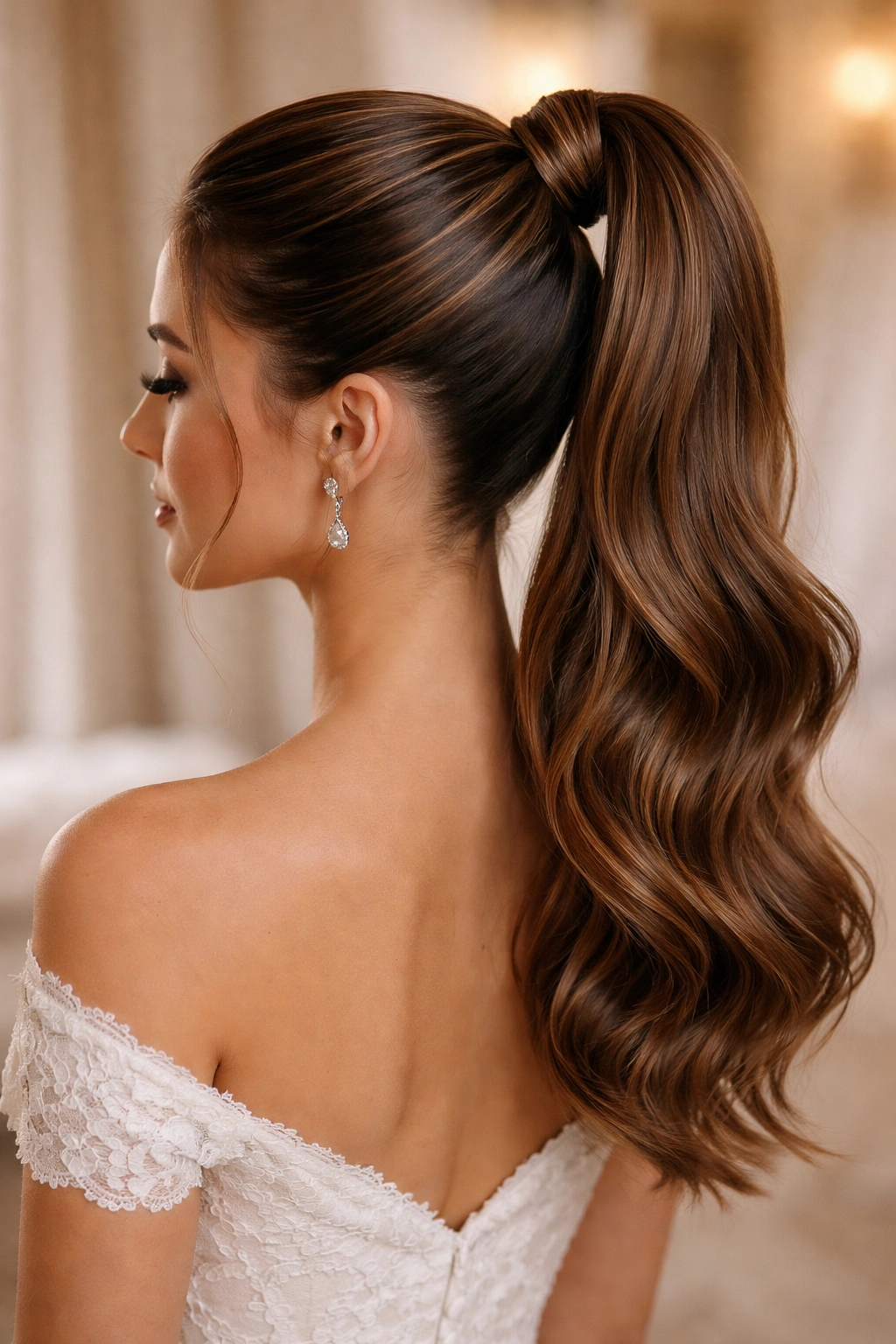 Bride with twisted high ponytail and smooth top layer.