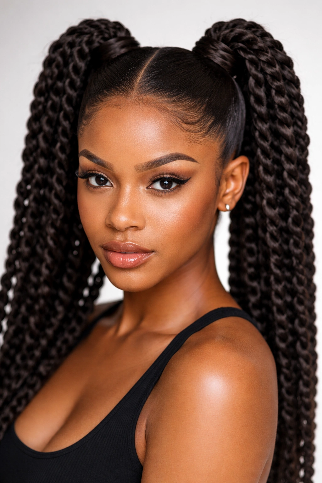 Close-up of high crown twist double ponytails elevated at the crown on natural hair.