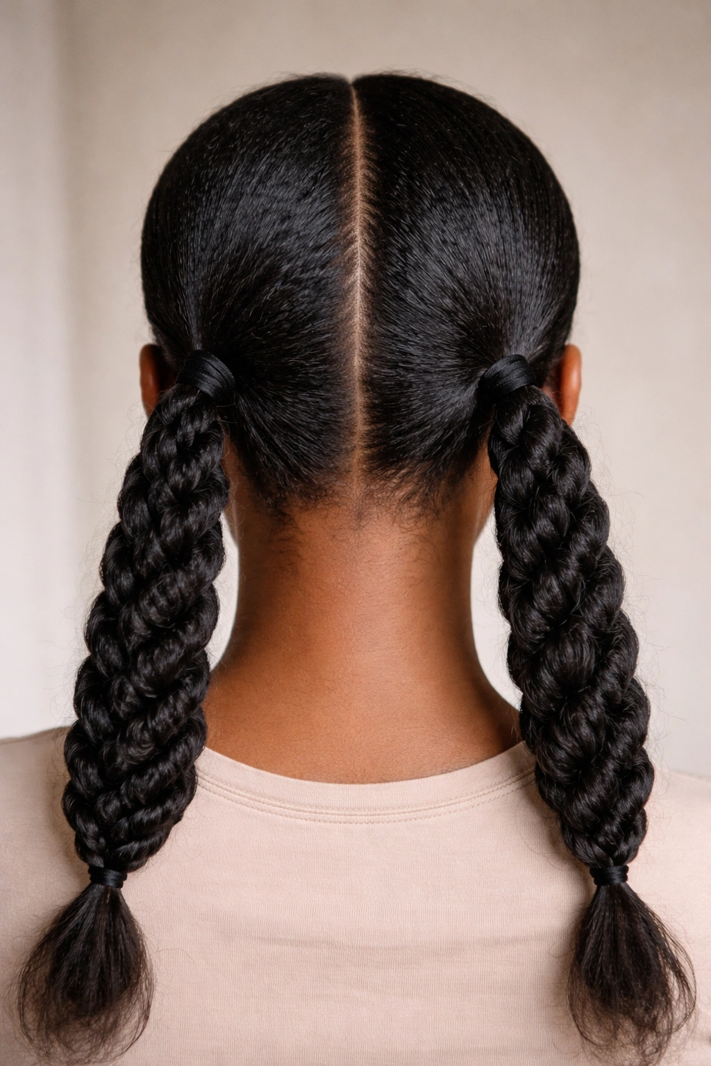 Close-up of two low sleek twist double ponytails at the nape with a straight middle part.