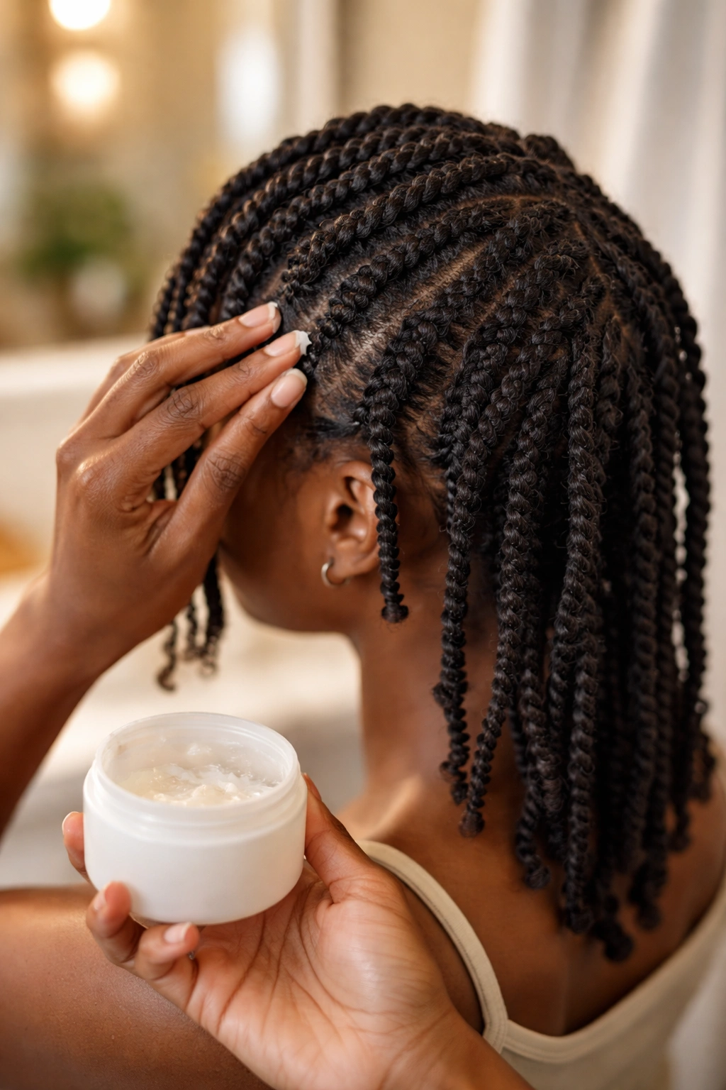 Real person applying light hold product to twists in a bathroom