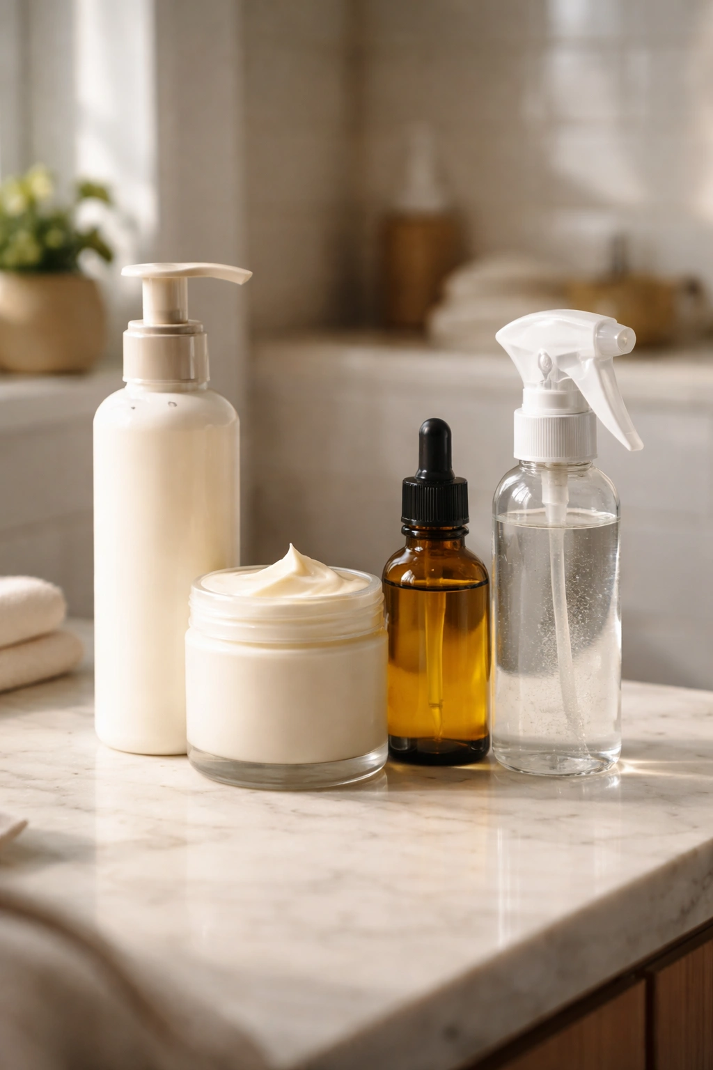 Unlabeled twist care bottles on a bathroom vanity