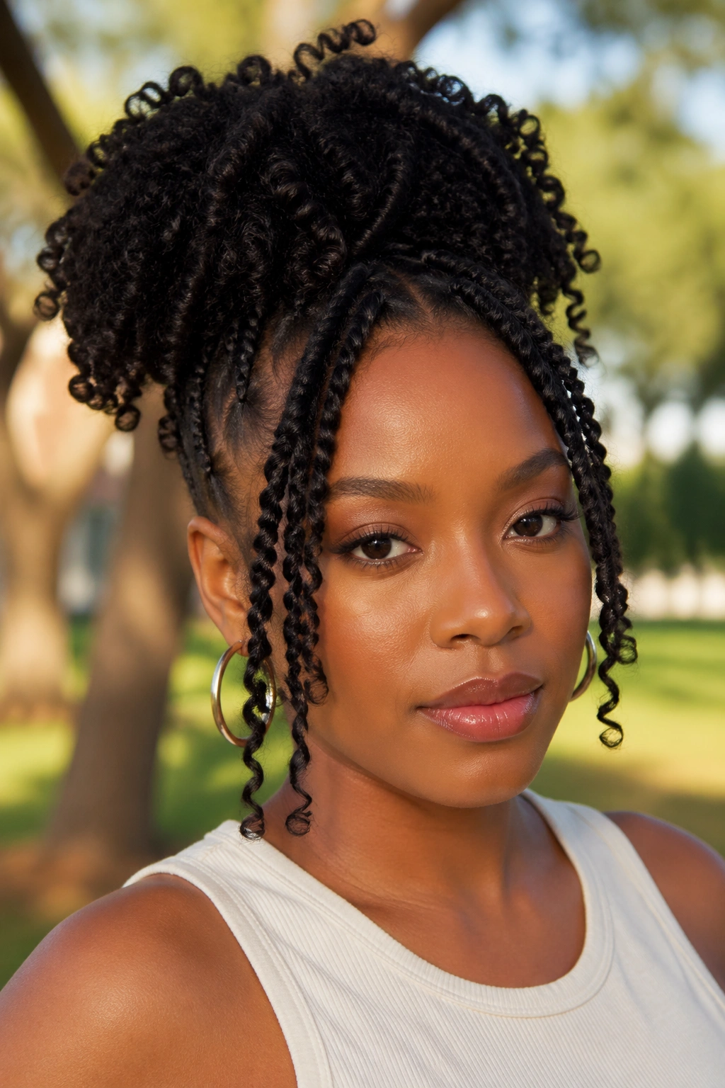 Close-up of a real woman with a crown twist puff and loose front twists in natural light