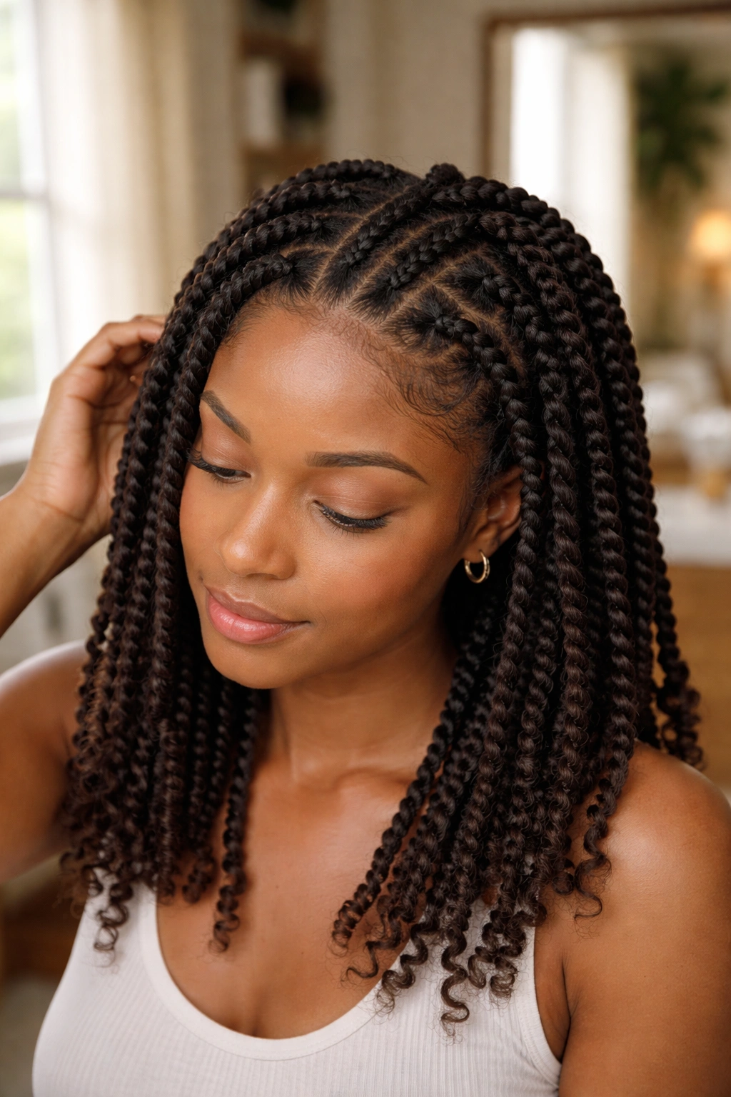 Real person during twist refresh showing re-twisted edges and crown