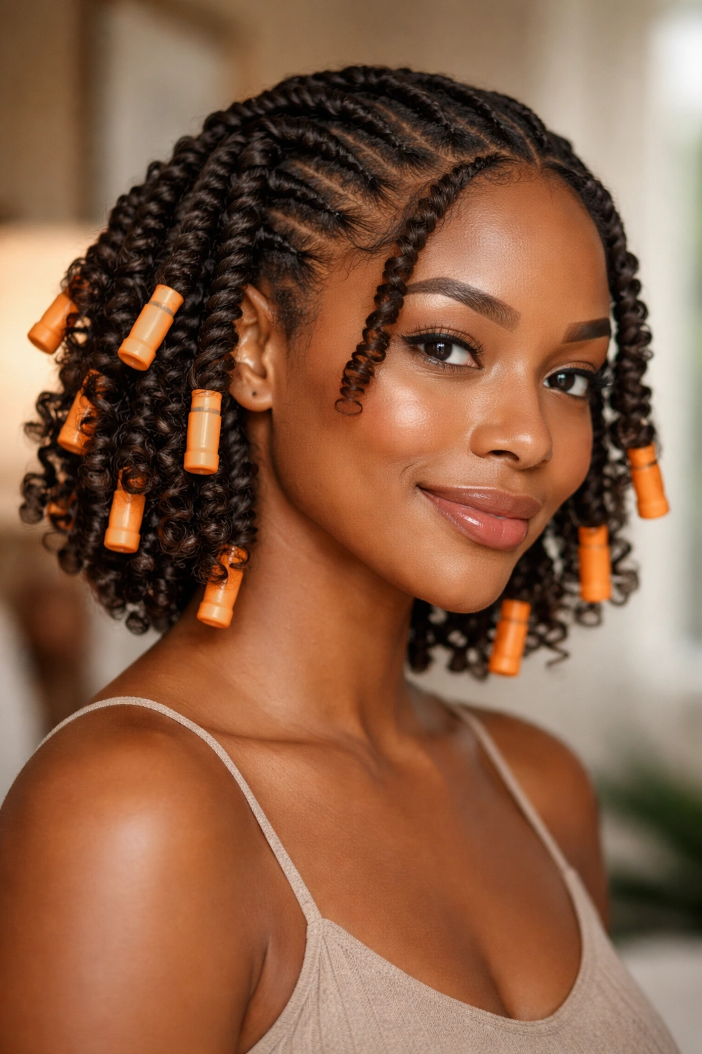 Portrait of a woman with twists at the roots and rod-wrapped ends in a twist-and-rod hybrid hairstyle.
