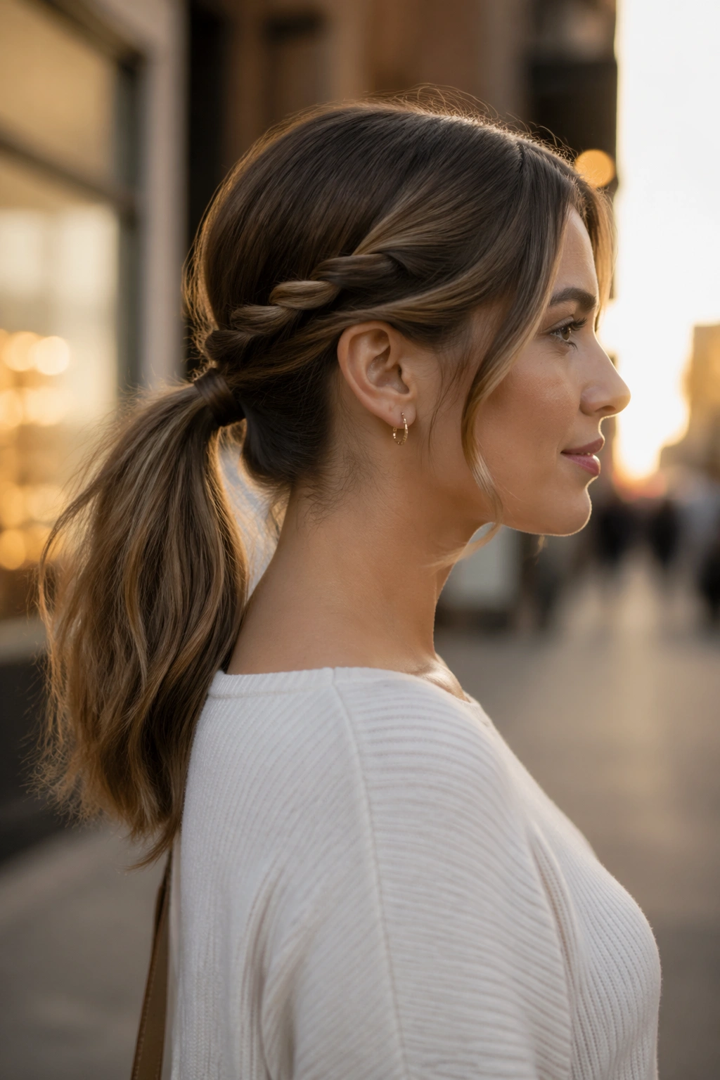 Side-profile Twisted-Side Mid Ponytail on city street