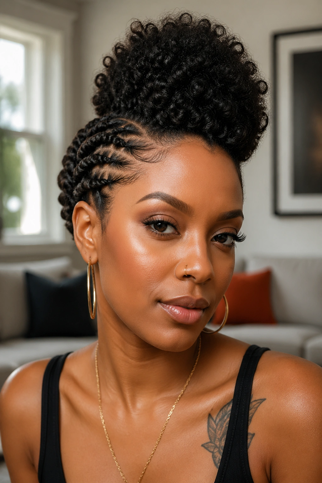 Close-up of a real woman with twist-sided mohawk and defined side twists