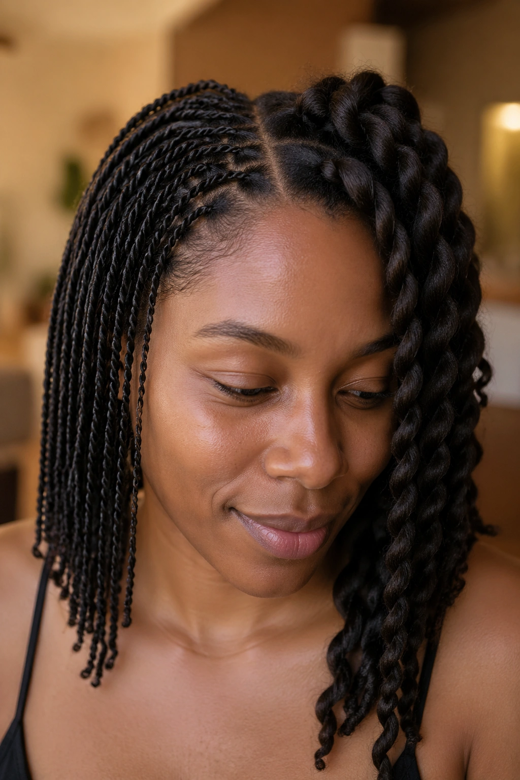 Portrait of a person with small twists on one side and larger twists on the other