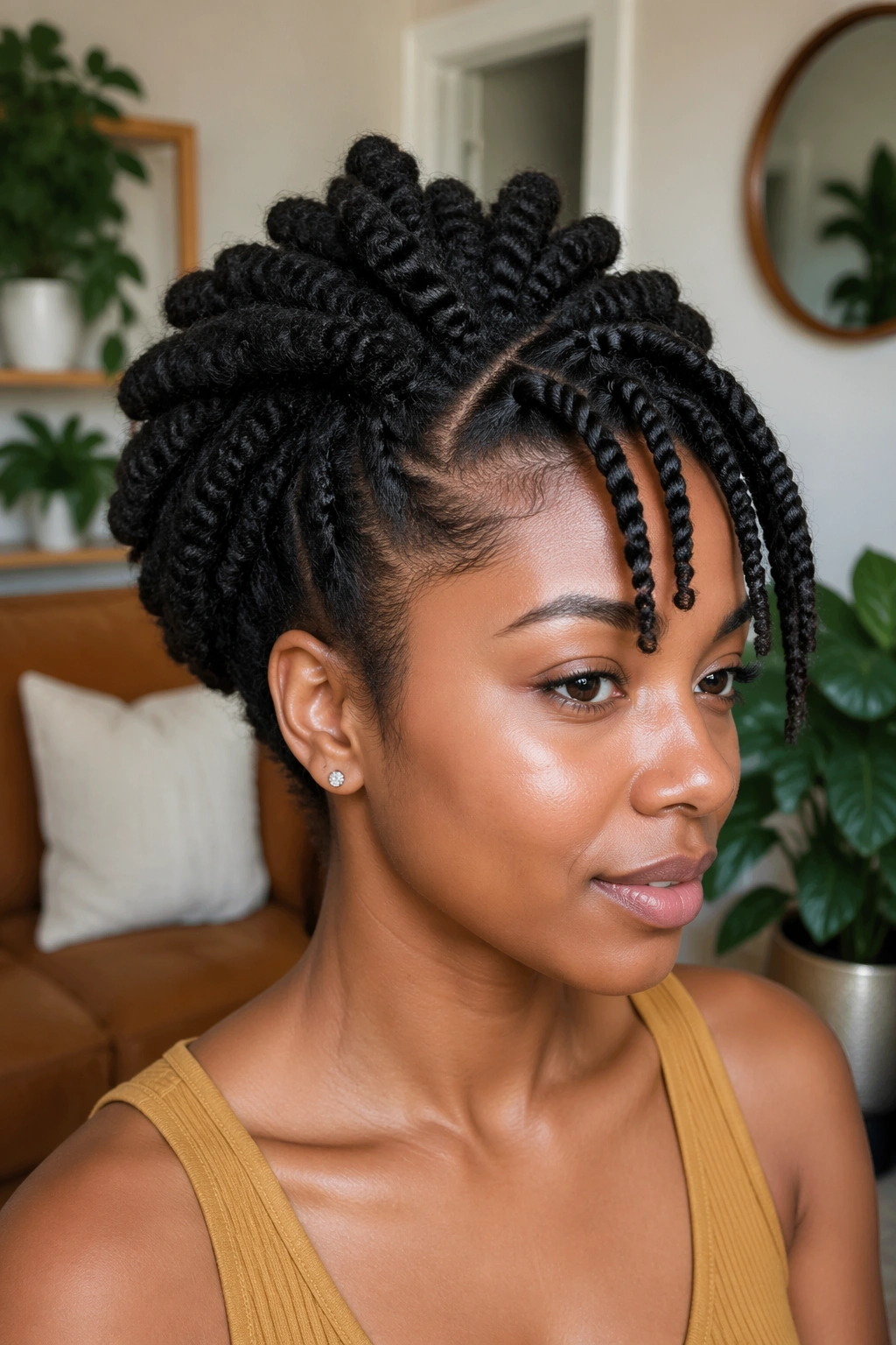 Close-up showing large and small twist sizes on the same head of a real woman