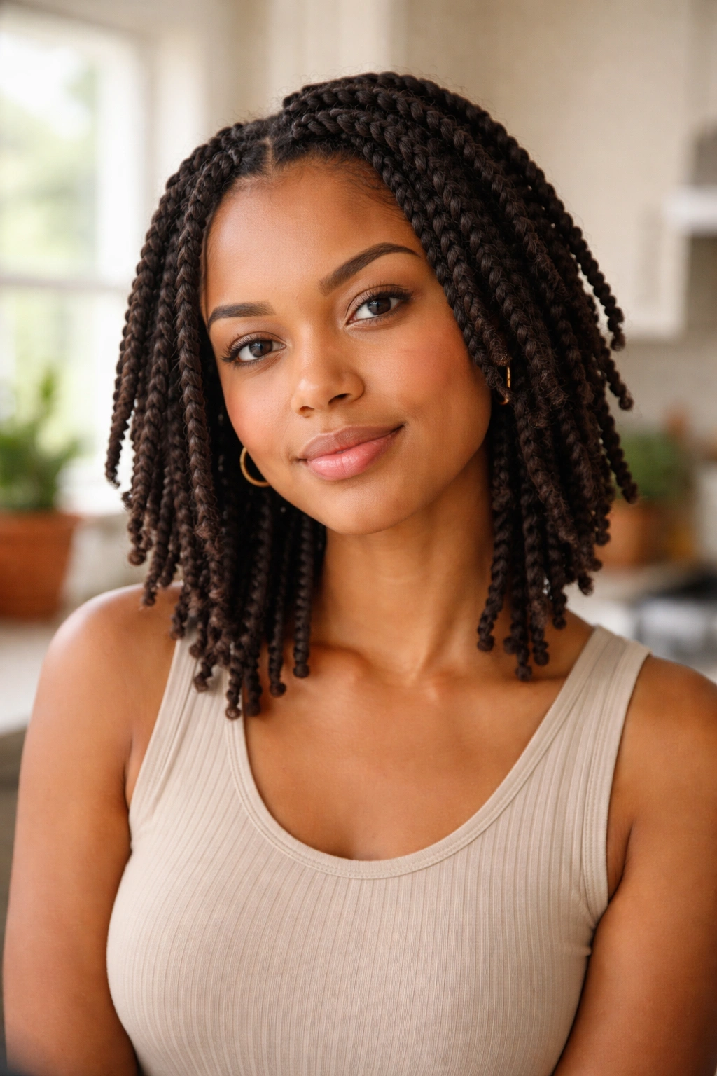Close-up of a real person with a simple twist hairstyle in a kitchen setting