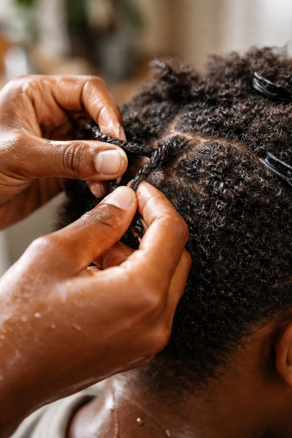 Close-up of hands twisting a strand of hair on a real person