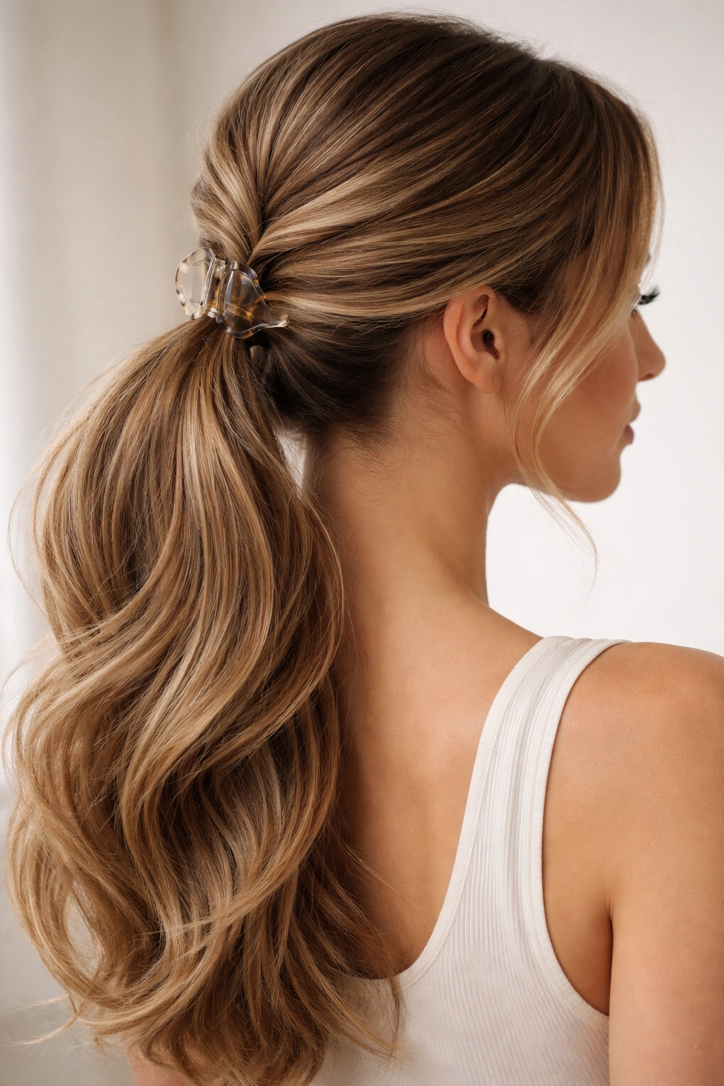 Twist-through claw clip ponytail showing subtle base twist
