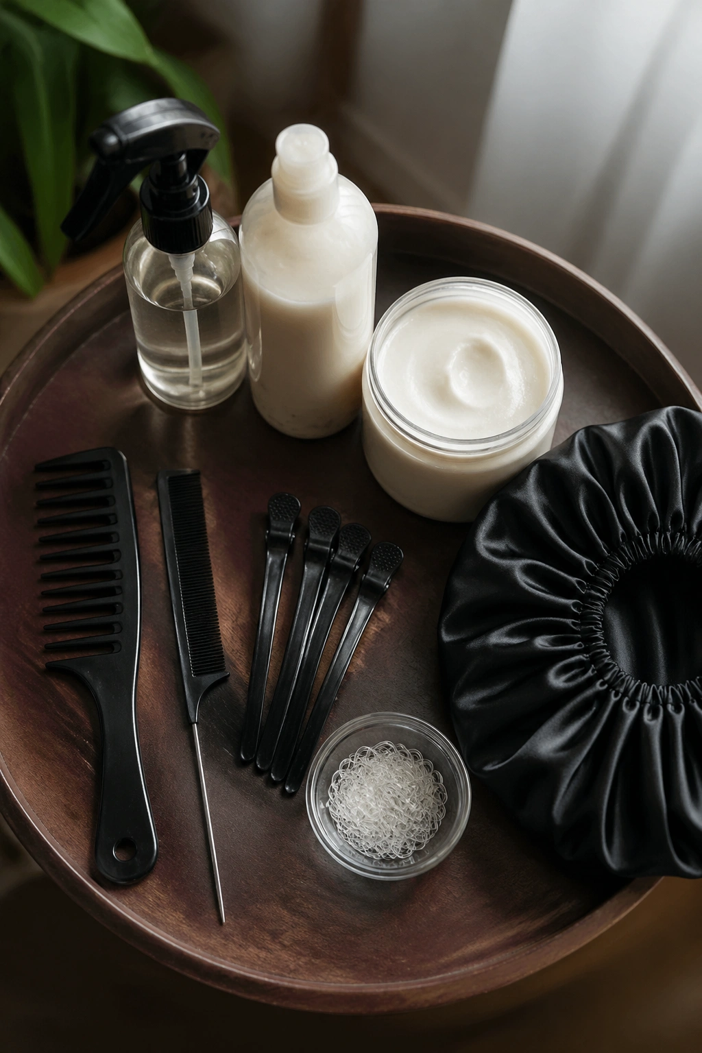 Top-down view of twist tools and products neatly arranged on a tray