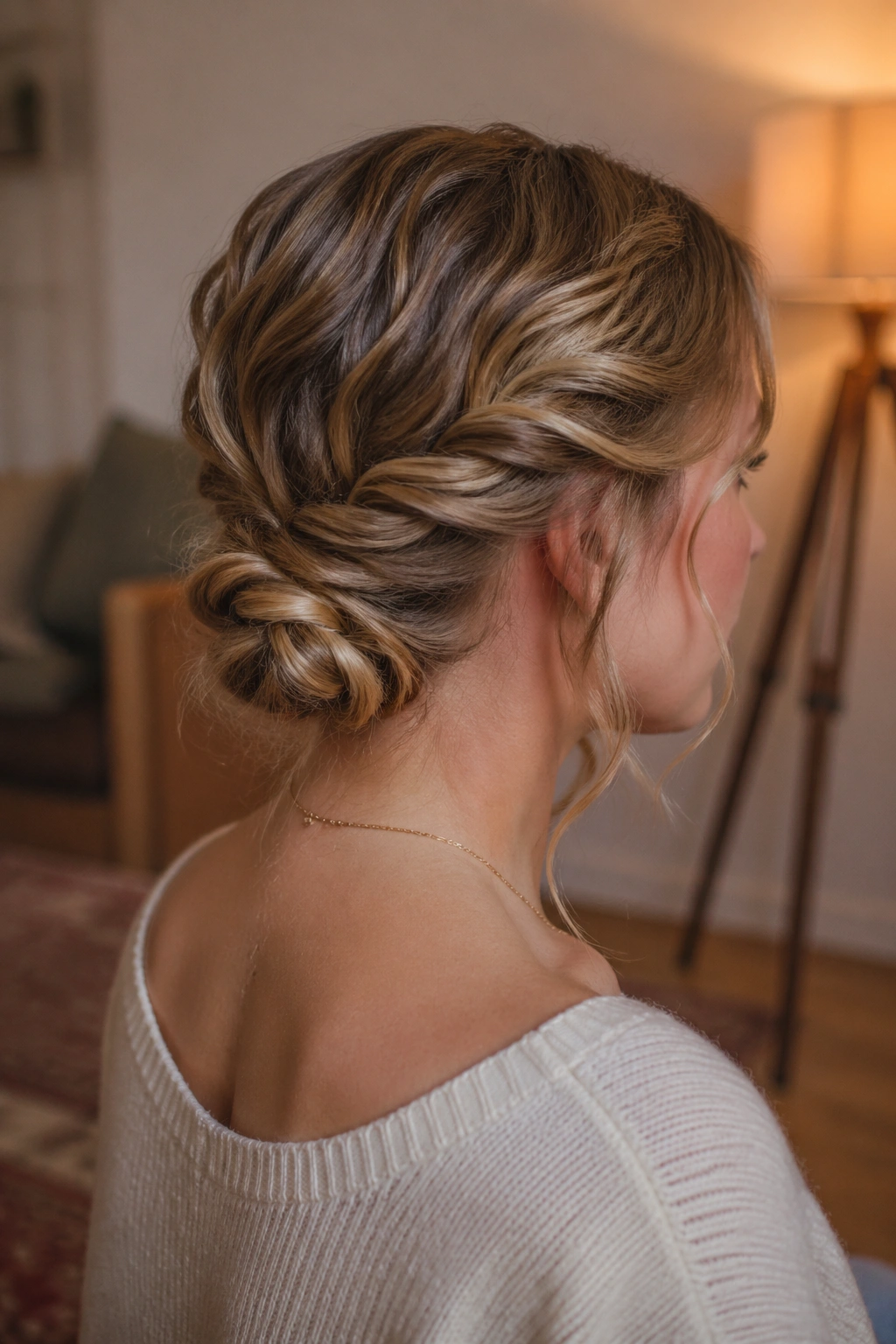 Close-up of a real woman with a twist-and-tuck nape knot and shoulder-length waves