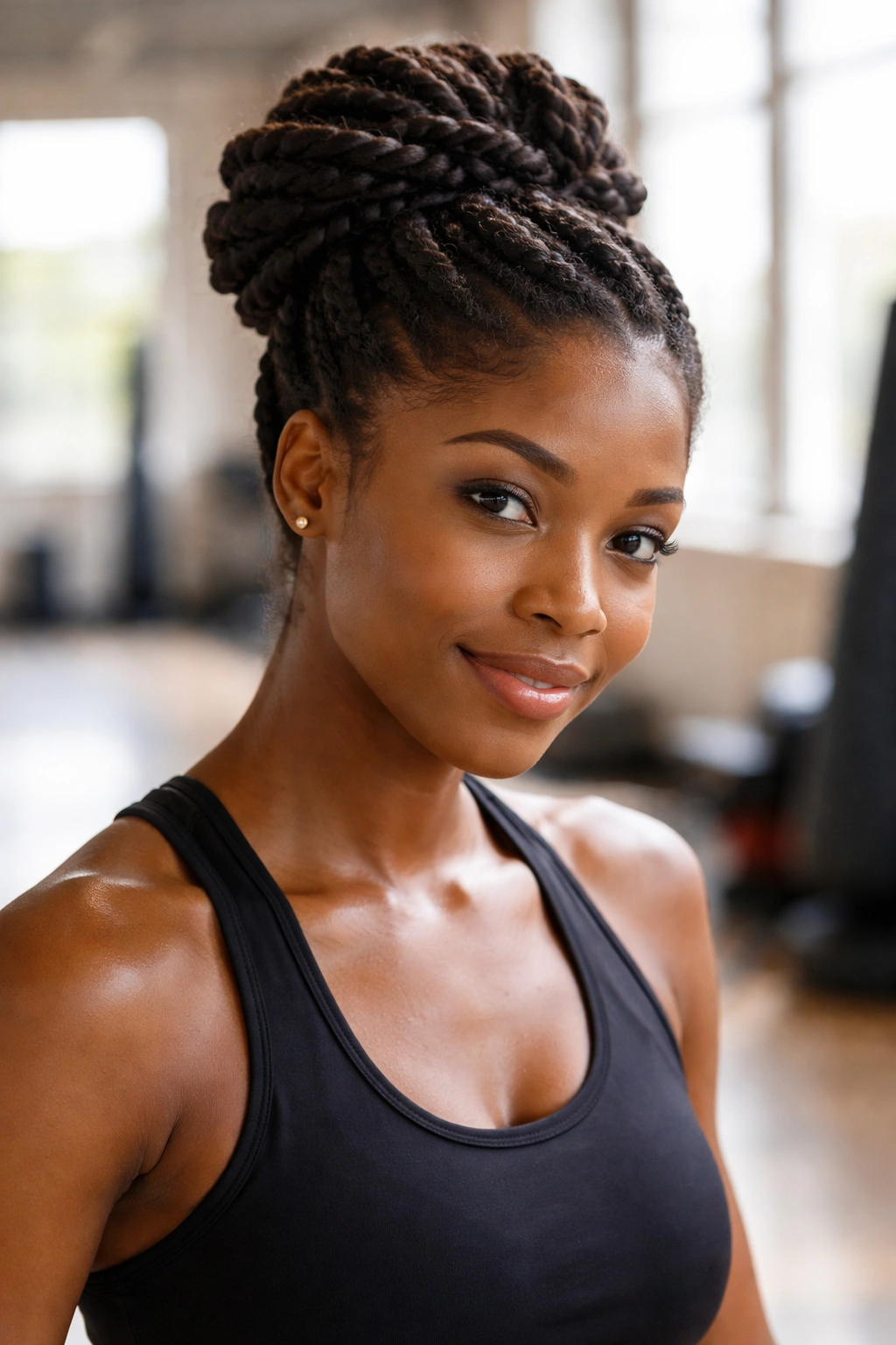 Close-up of a woman with a casual twist updo suitable for workouts