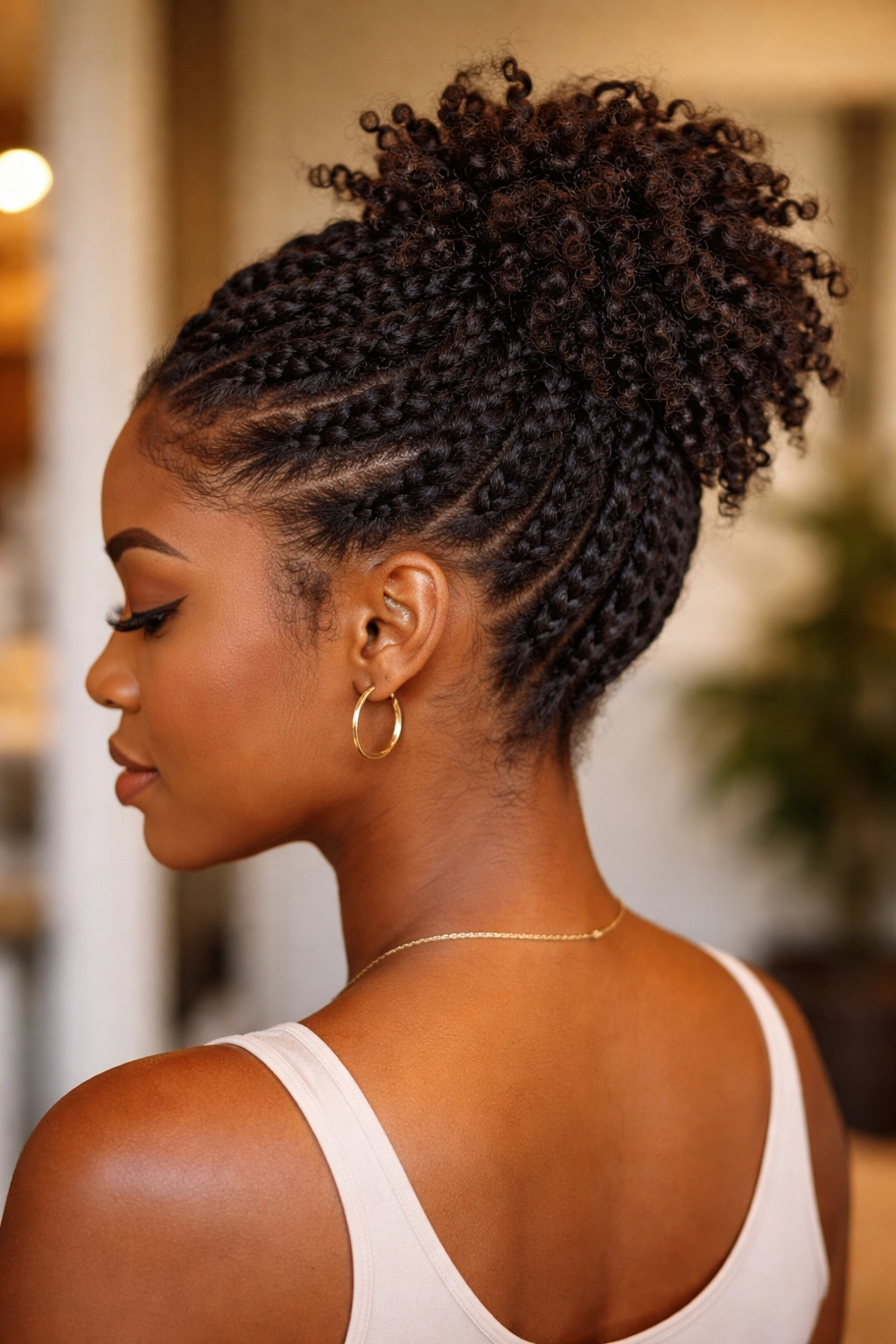 Real woman with twist updo featuring a crown-style rounded twist arrangement