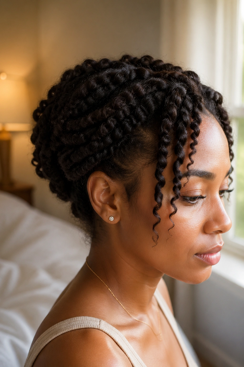 Close-up of a real woman with two-strand twists pinned into an updo under warm bedroom light