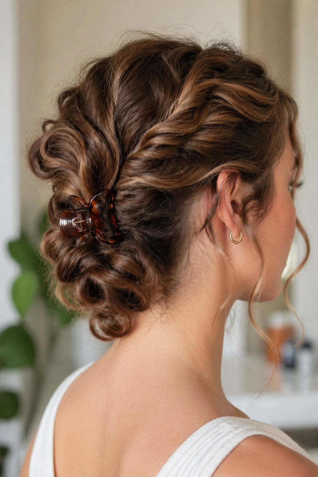 Close-up of a real person with a clipped twist updo and back clip