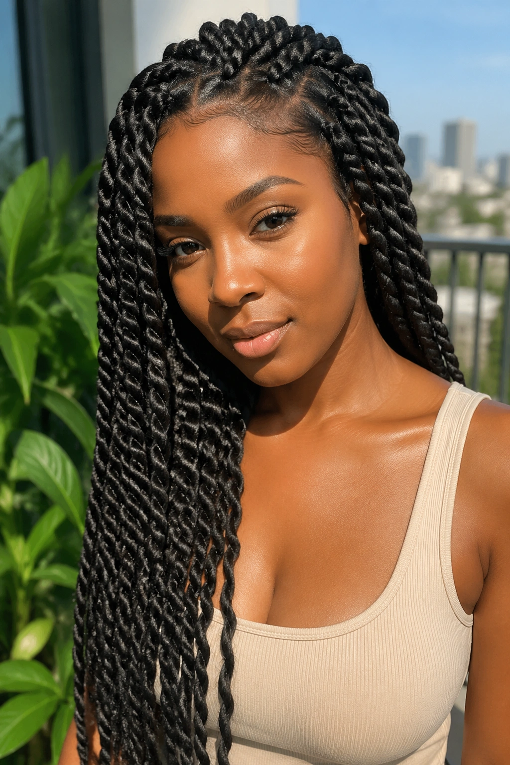 Real woman with extended two-strand twists using added length