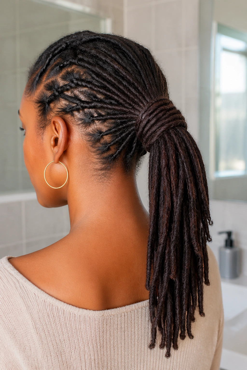 Real person with twist-wrapped ponytail showing wrapped base