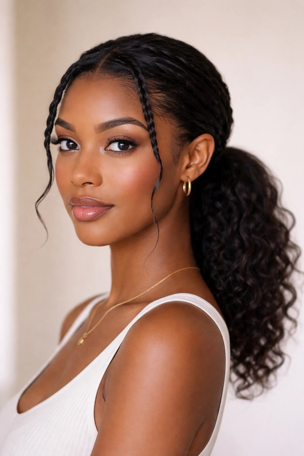 Face-framing twisted bangs tucked under a low ponytail