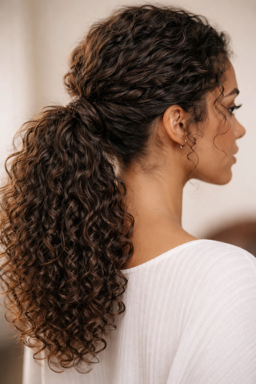 Close-up of a low ponytail with a loose side twist and curly texture