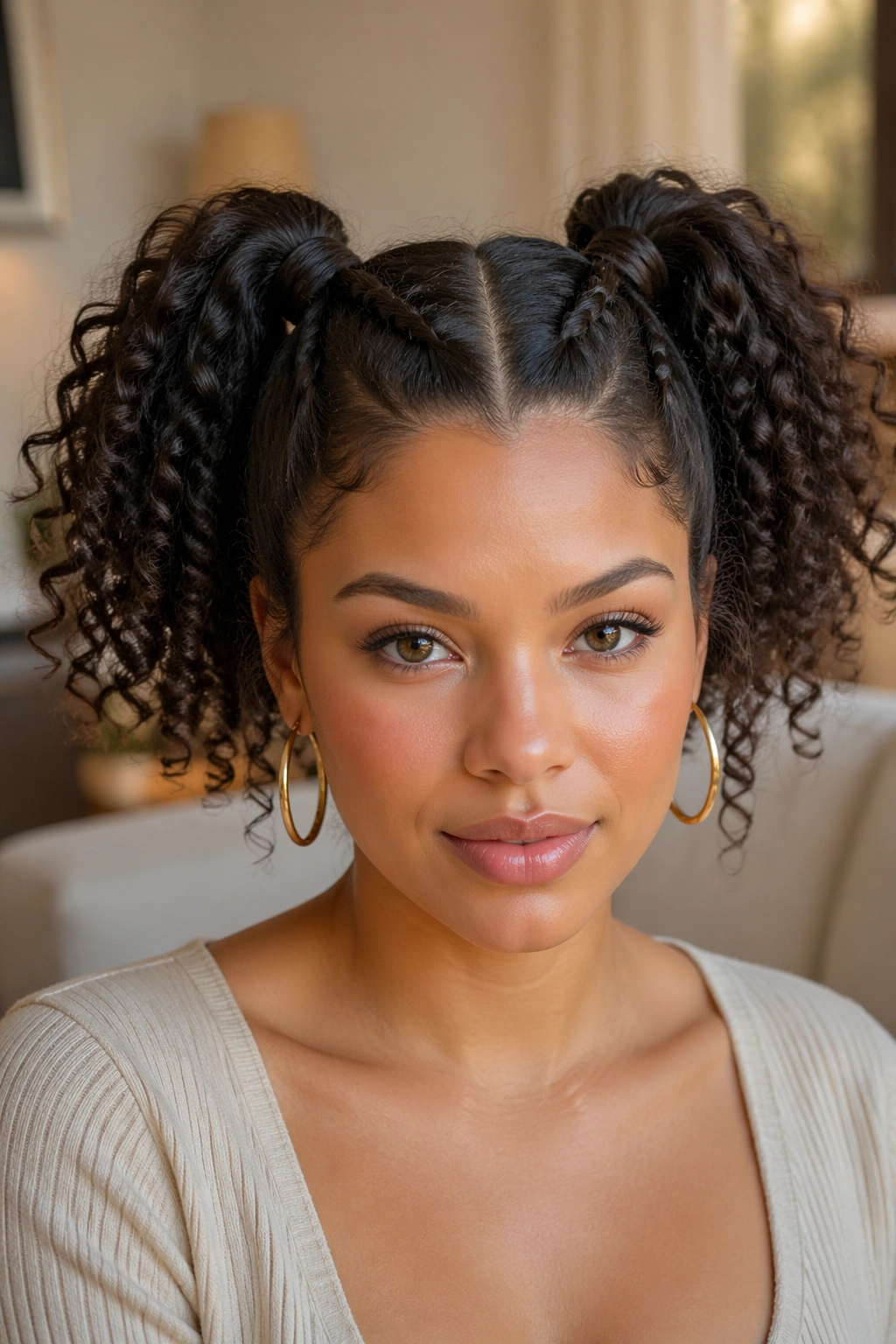 Close-up of twisted-base double ponytails on a real person