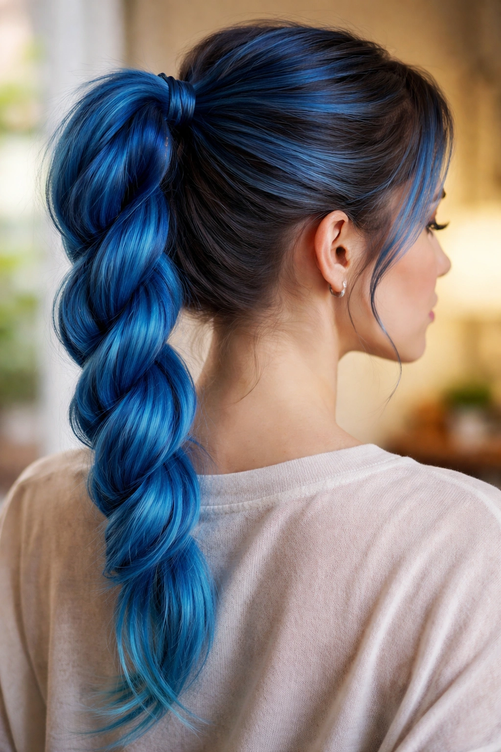 Real woman with twisted blue braid ponytail, close-up portrait in warm window light
