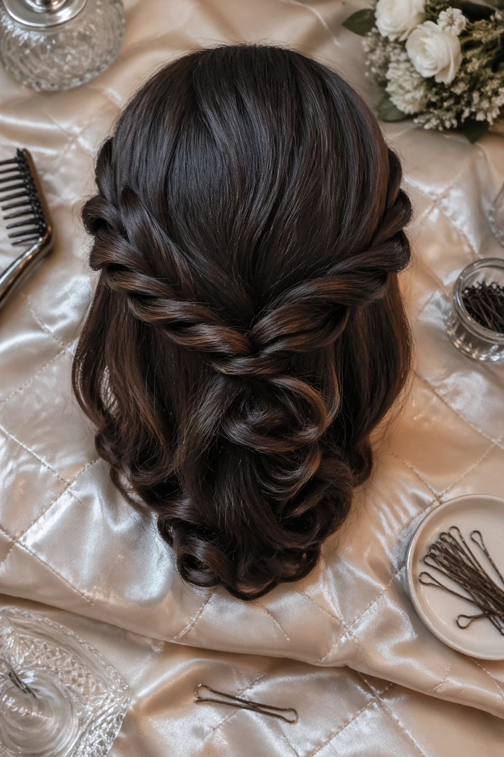 Overhead view of twisted braid with low pin curl in brunette hair.