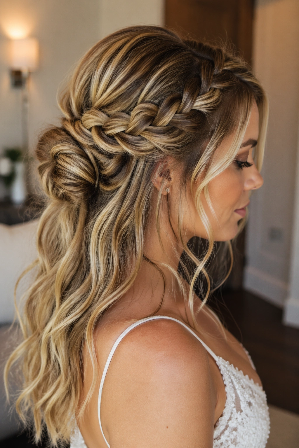 Close-up of a bride with twisted braid half-up and low bun