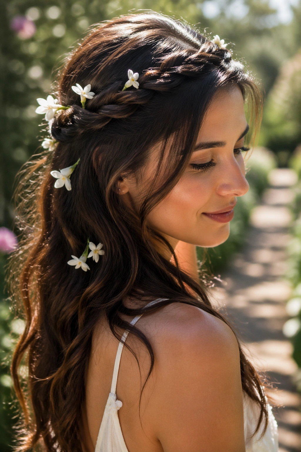 Portrait of a woman with a jasmine-accented twisted half-up braid in a sunlit garden