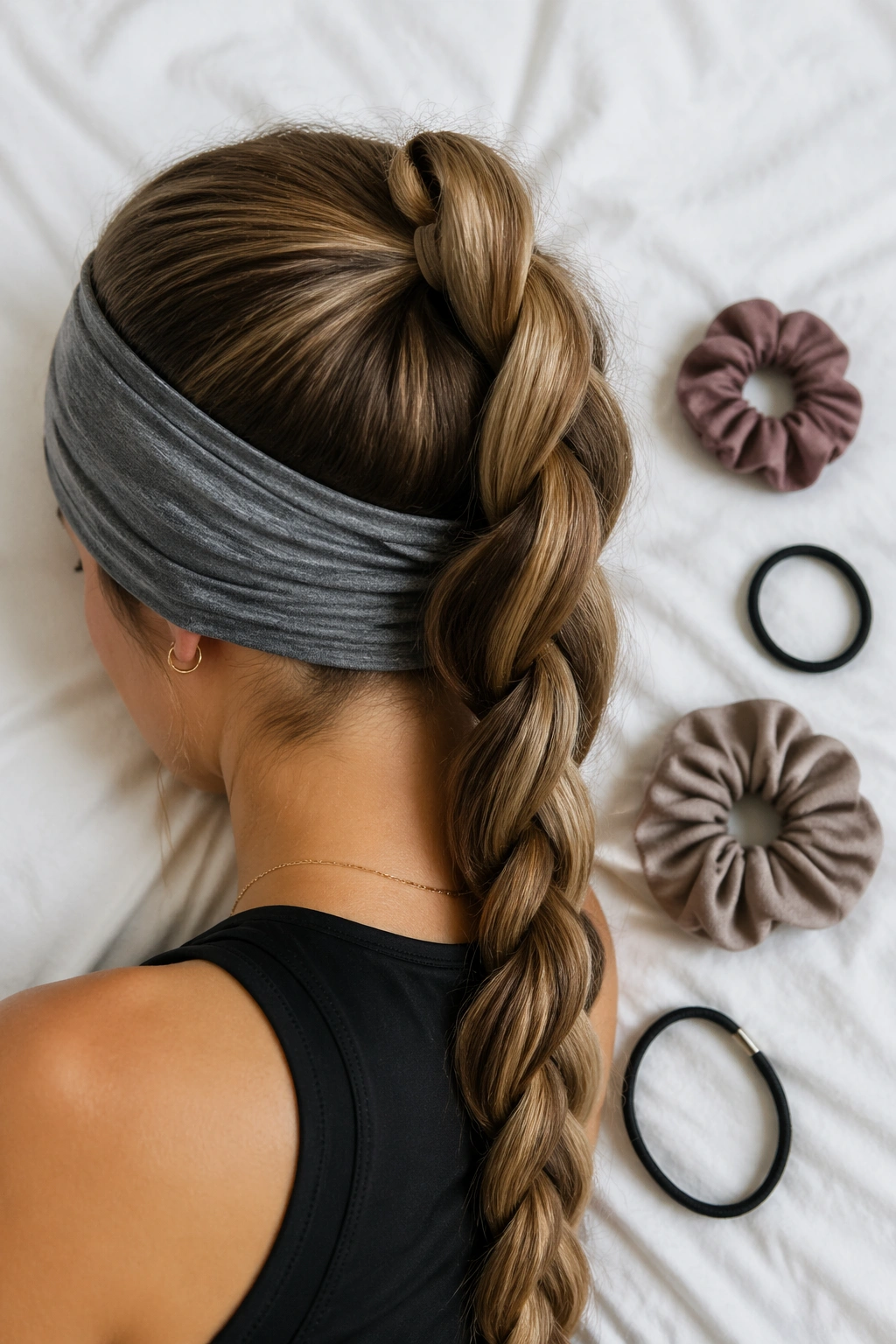 Top-down view of twisted braid ponytail with wide jersey headband