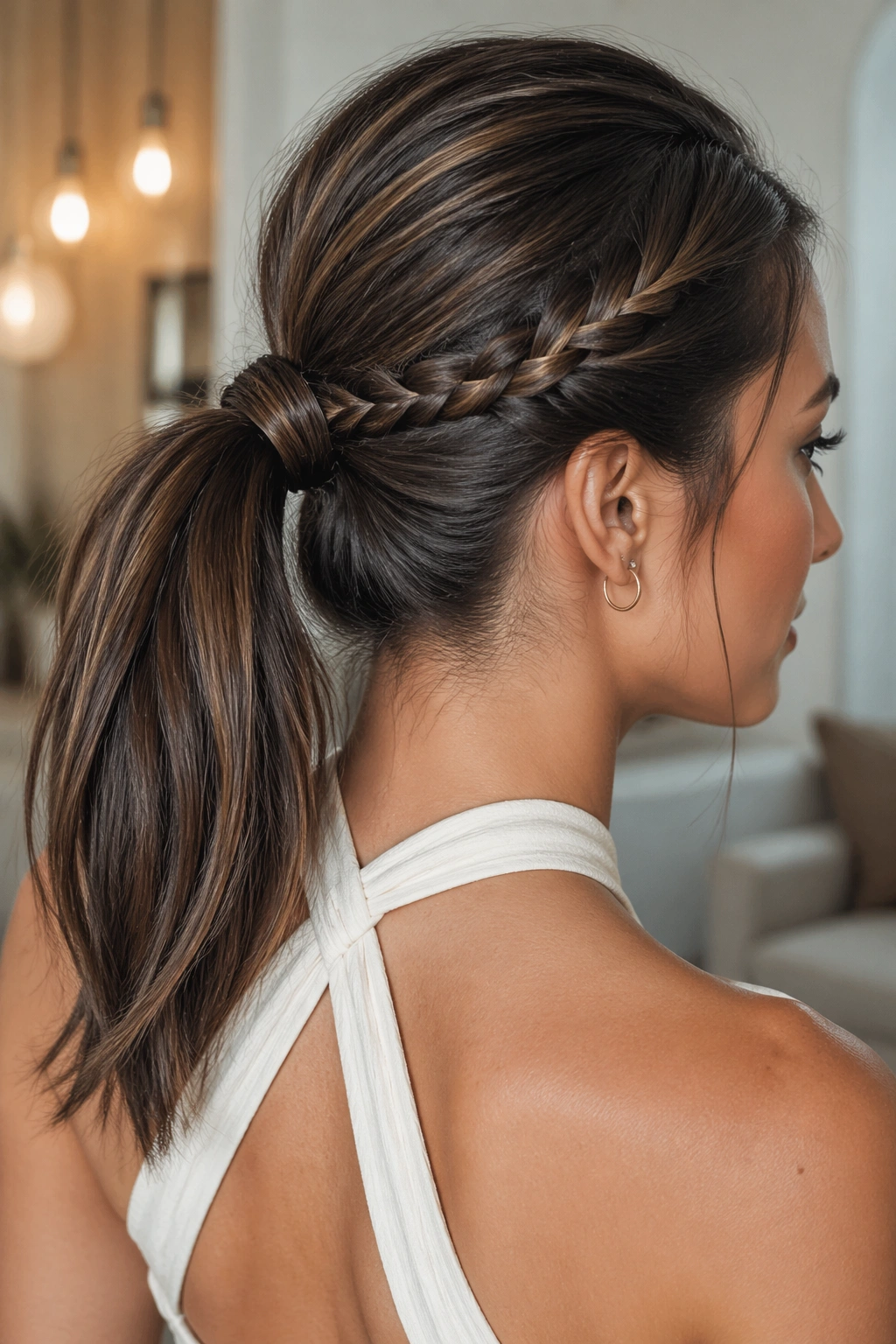 Close-up of a real woman with a twisted braid wrap around the base of a mid ponytail