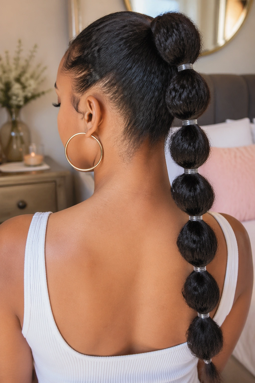 Real woman's bubble ponytail with distinct bubbles and clear elastics