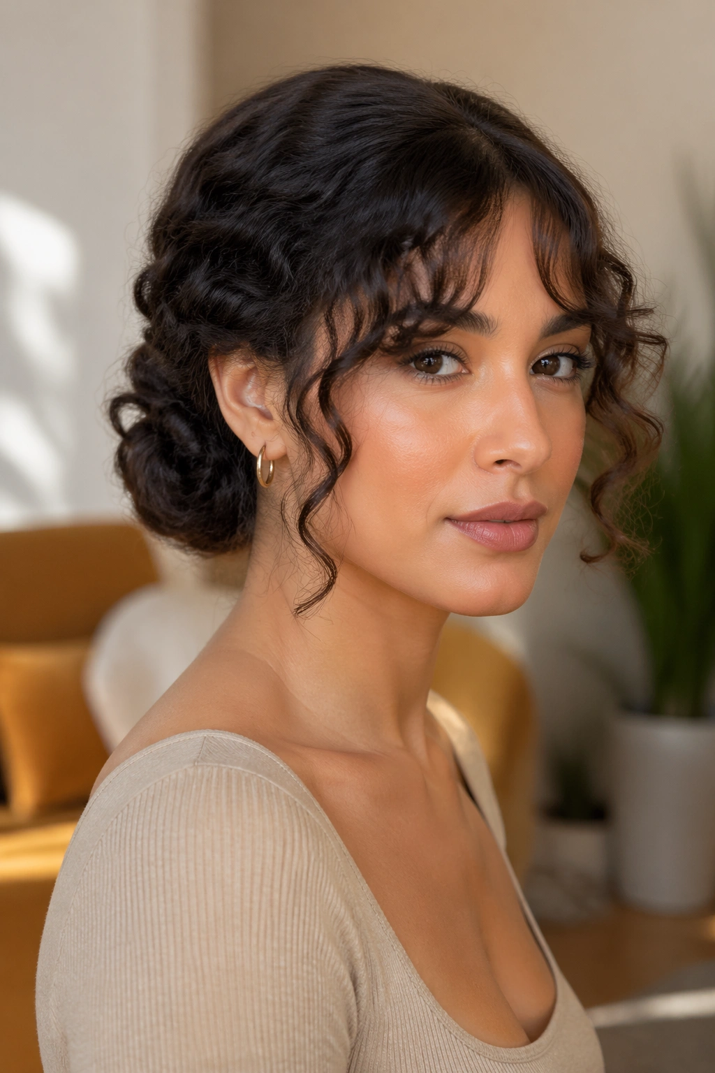 Medium close-up of real woman with twisted low bun and bottleneck bangs in warm room lighting.