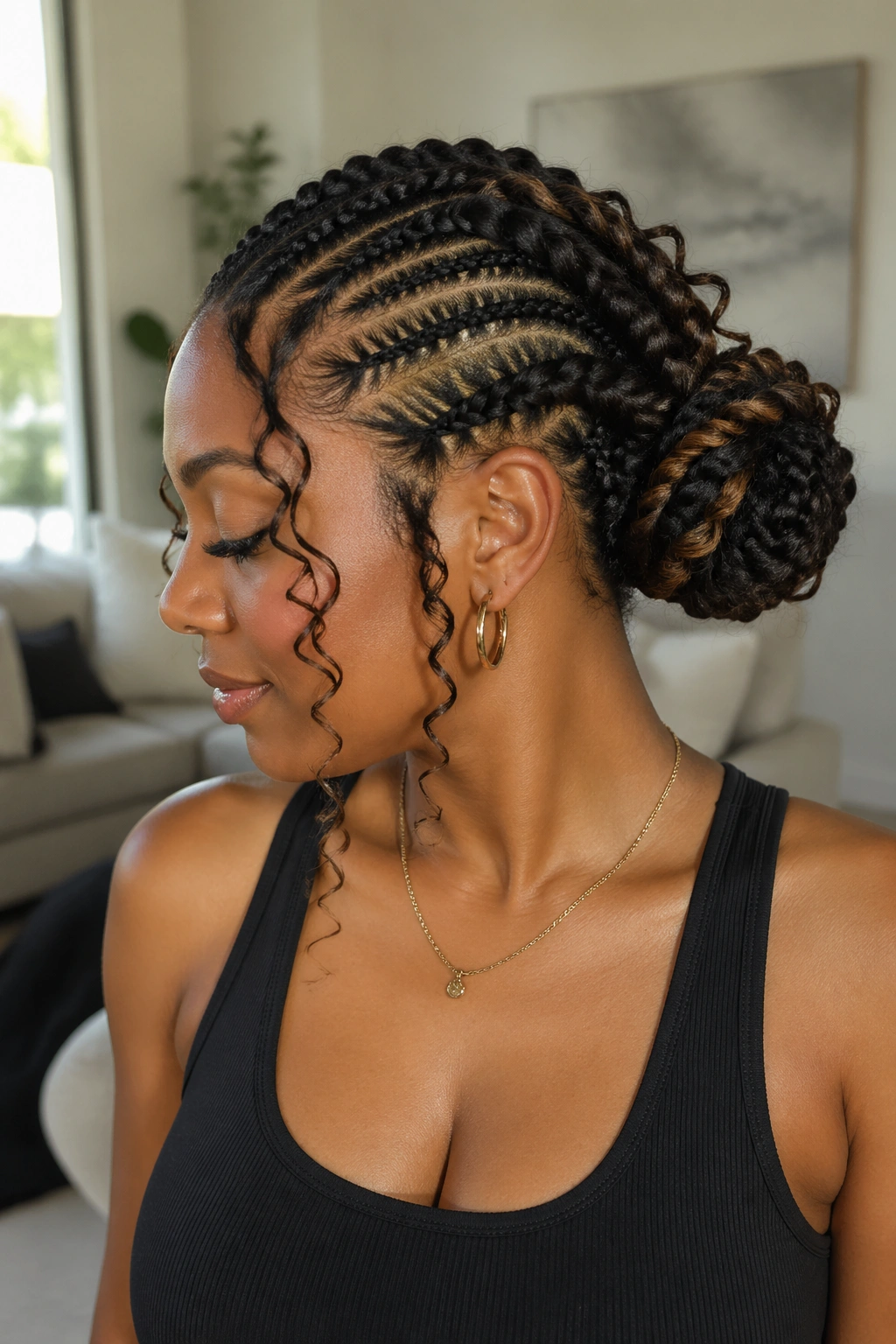 Close-up of a real woman showing a twisted bun with cornrows and curly accents.