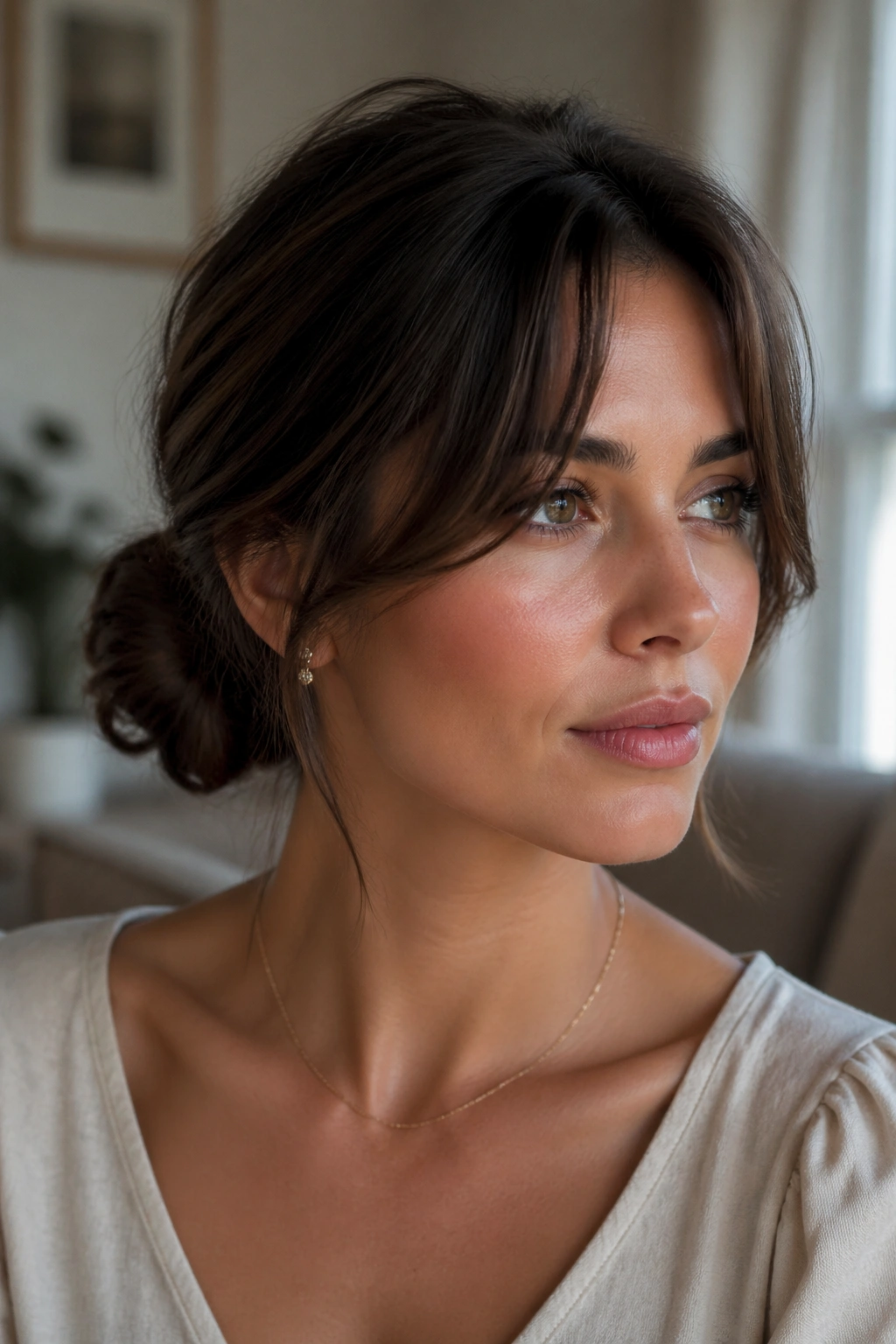 Close-up of a real woman with a low twisted bun and curtain bangs