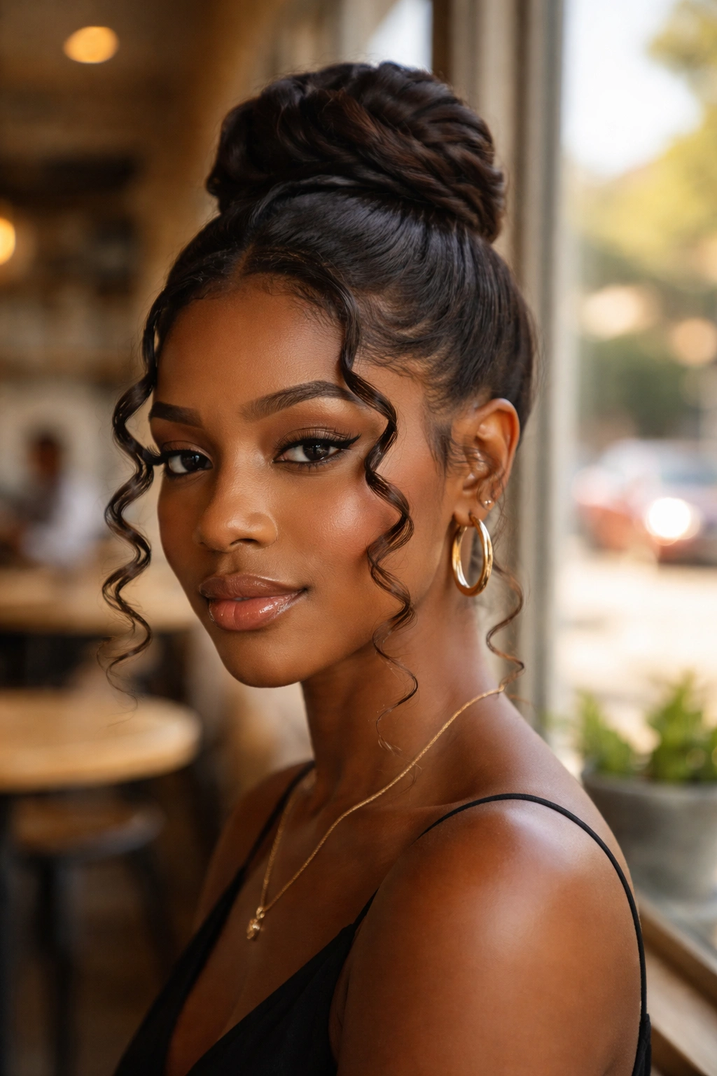 Close-up of a real woman with a twisted bun and defined curl frame around her face in a cafe setting.
