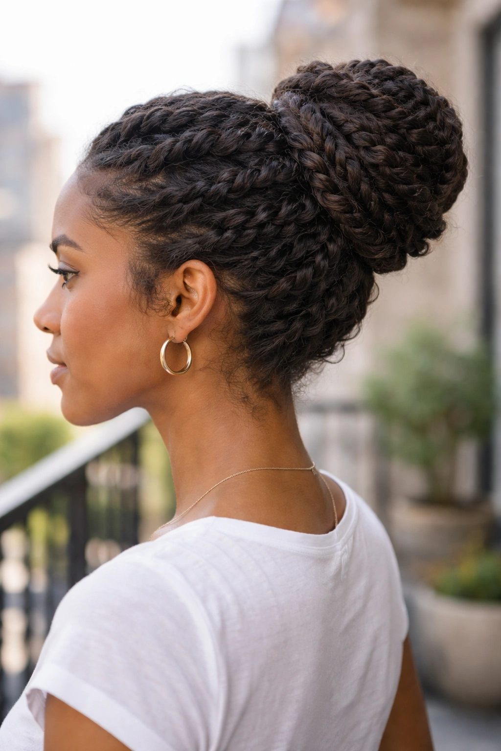 Real woman with twisted bun demonstrating textured twists and bun.