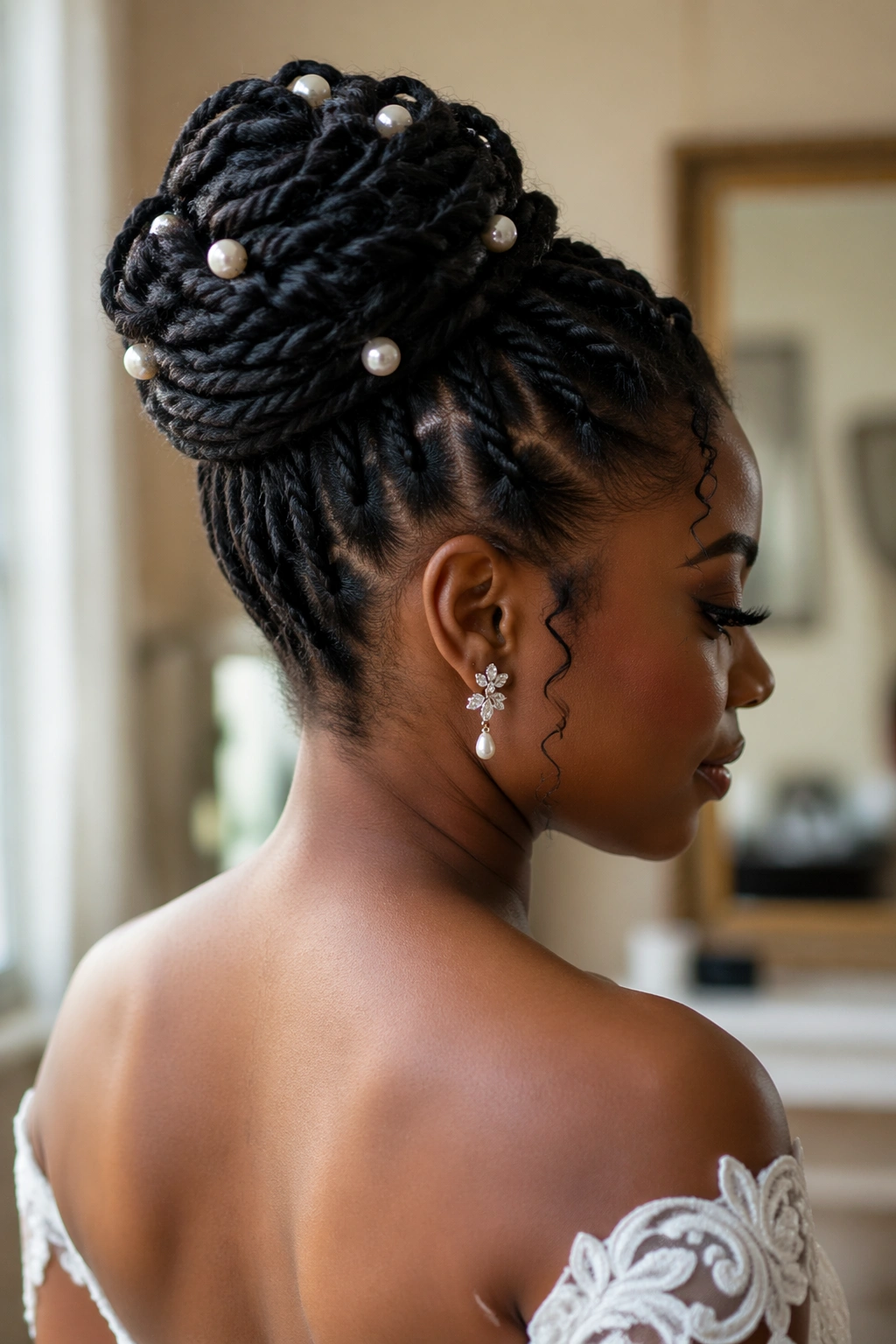 Close-up of a real bride's head with a textured twisted bun and pearl pins at the crown