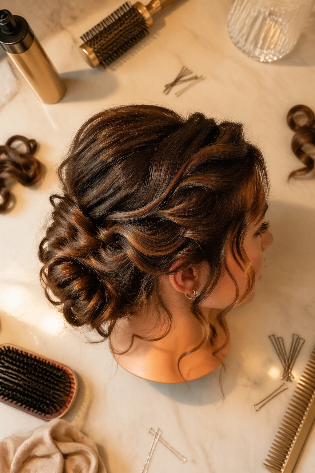 Overhead flat-lay of side-swept twisted bun with hair tools nearby.