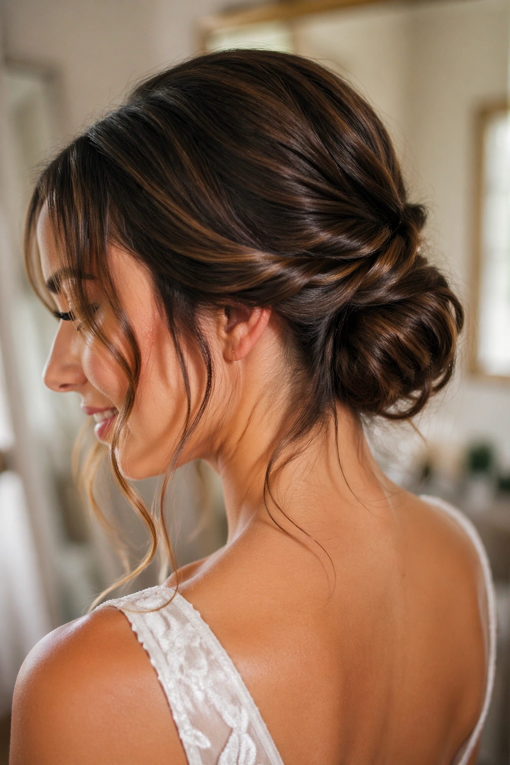 Close-up of a real woman with a twisted low bun and wavy face-framing pieces in a bridal room
