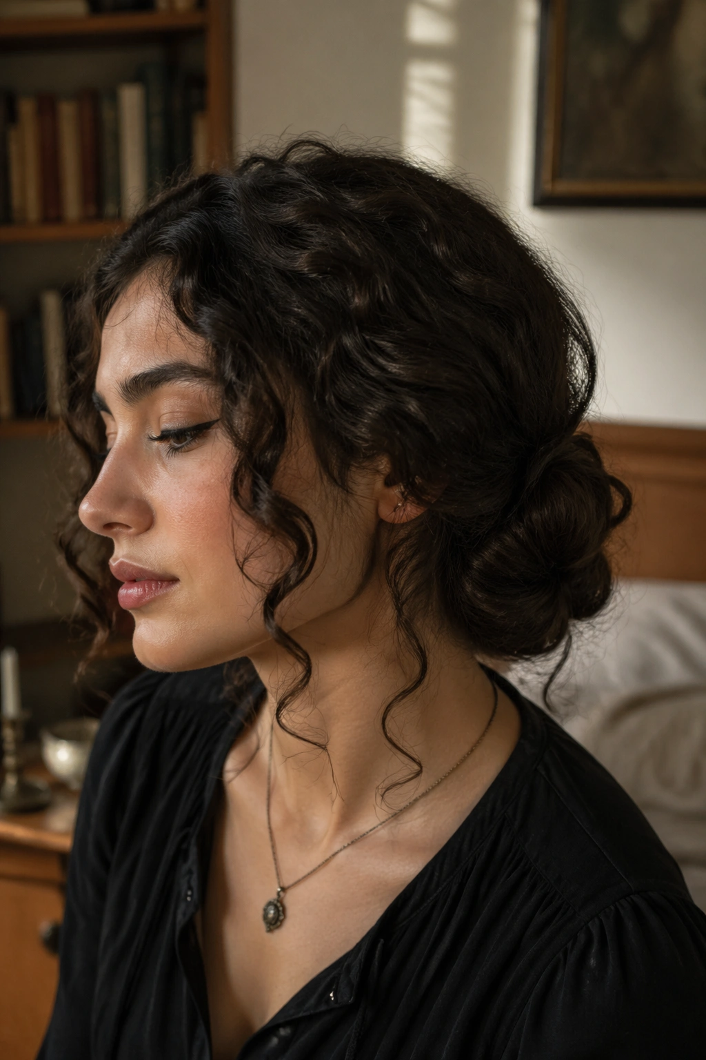 Close-up portrait of a real woman with a low twisted chignon and face-framing ringlets in warm window light