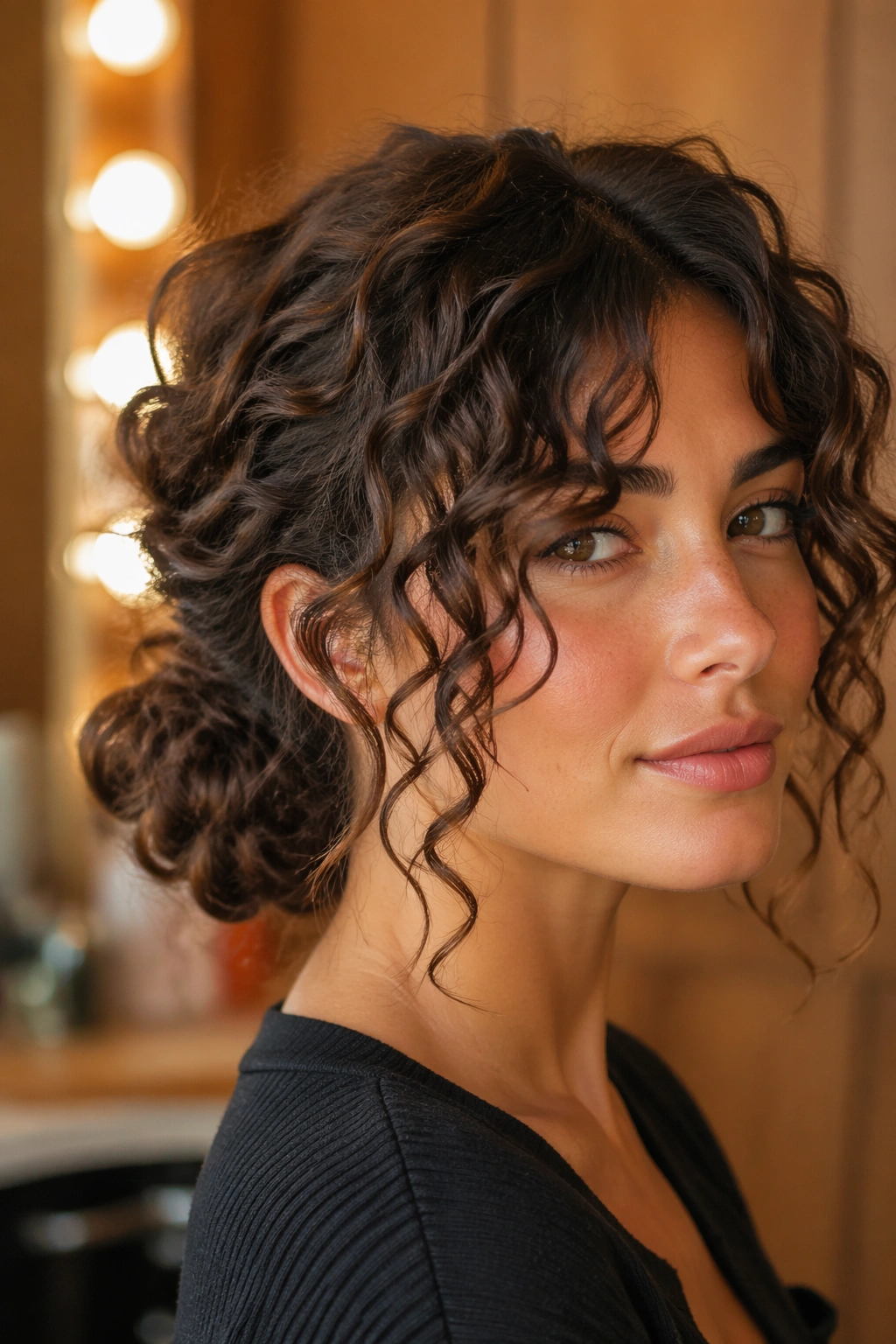 Close-up of a real woman with a low twisted chignon and curtain bangs