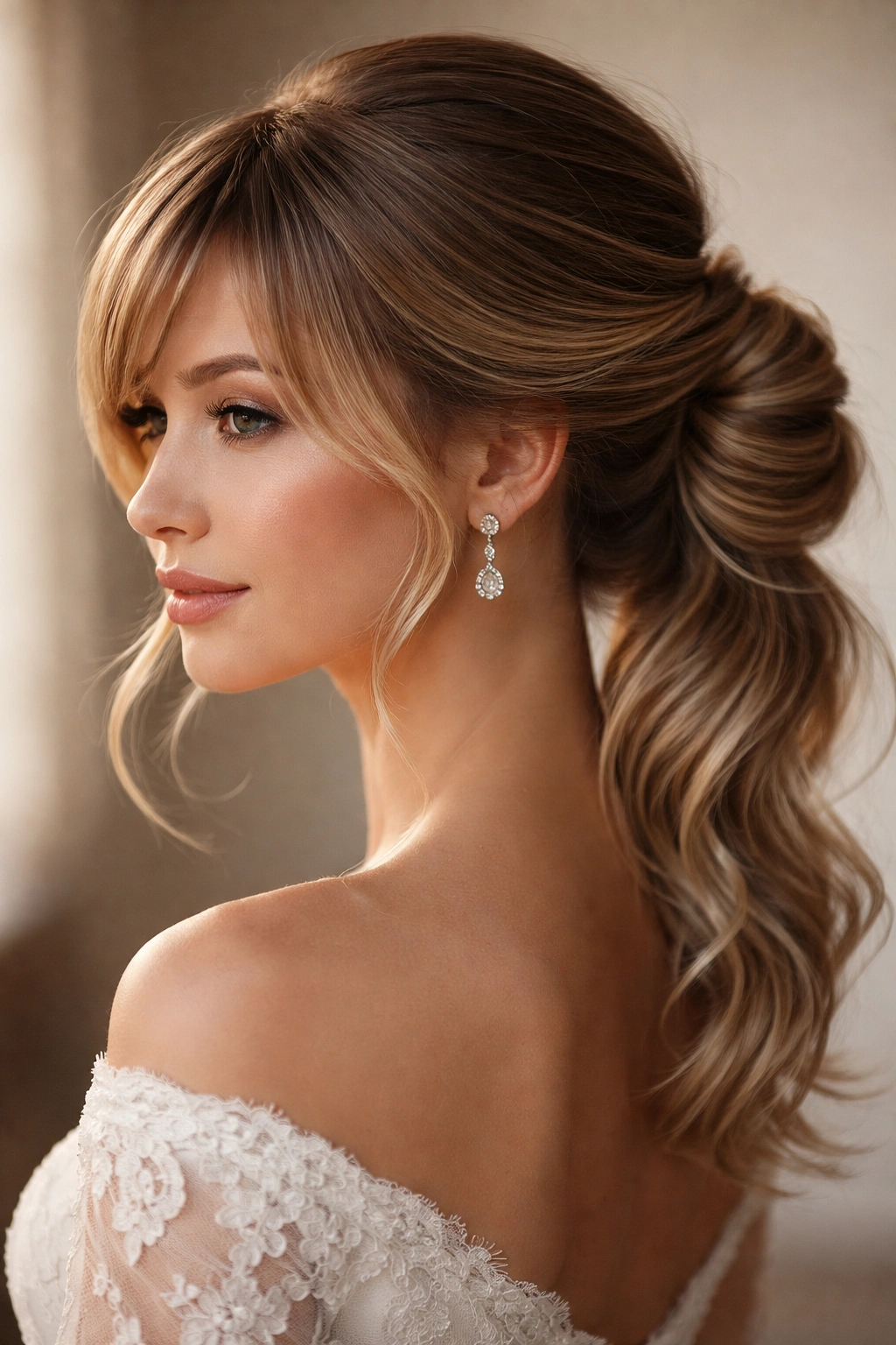 Twisted chignon ponytail with side-swept bangs forming a soft knot