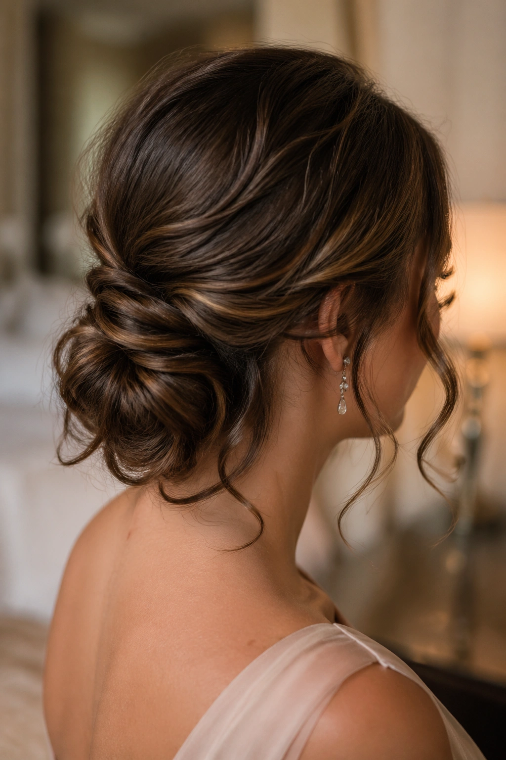 Close-up of real woman with a low twisted chignon and wavy ends