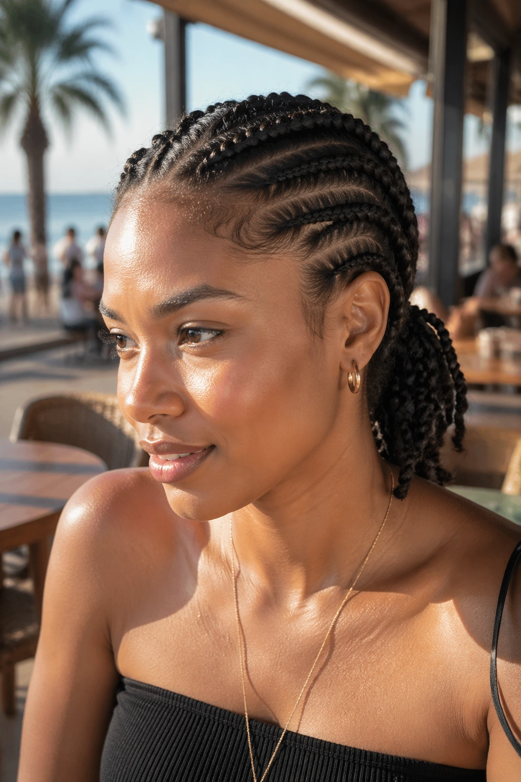 Close-up of a real woman with twisted cornrows at the nape