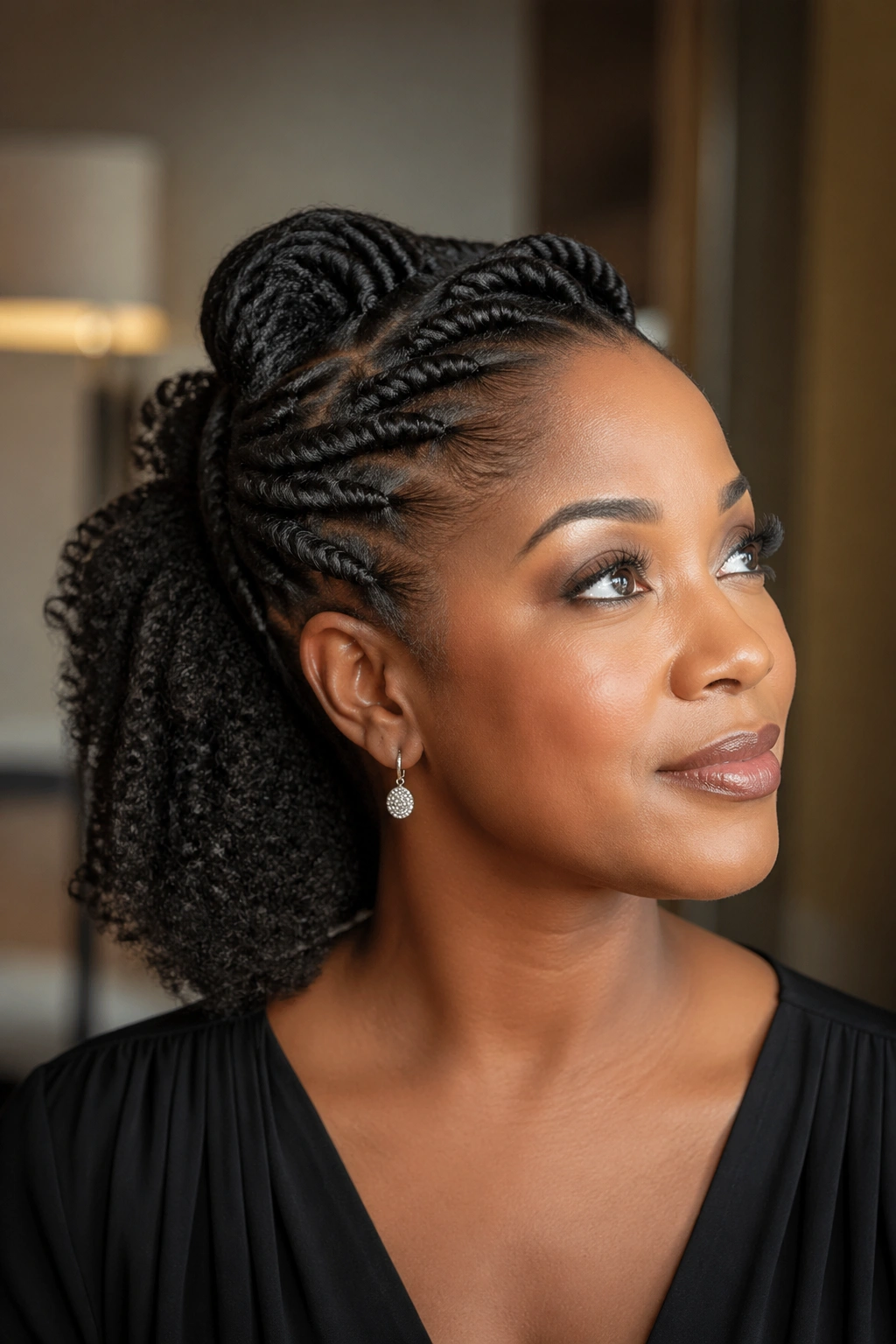 Close-up of a real woman with a twisted crown and free back hair section