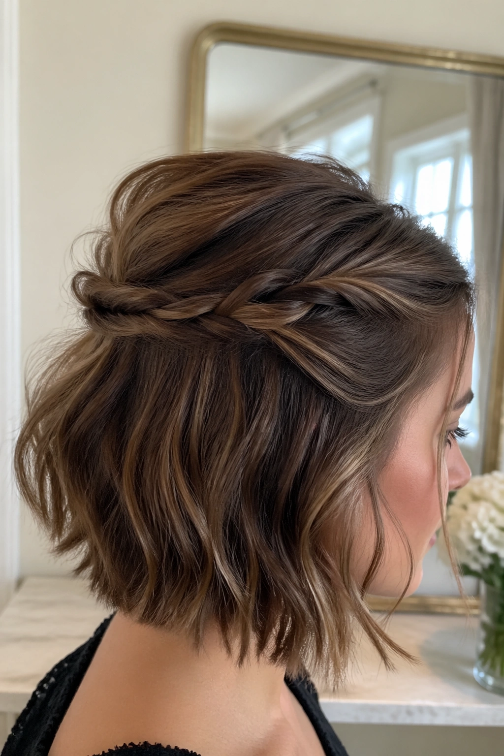 Close-up of twisted crown half-up on chin-length bob with soft natural light.