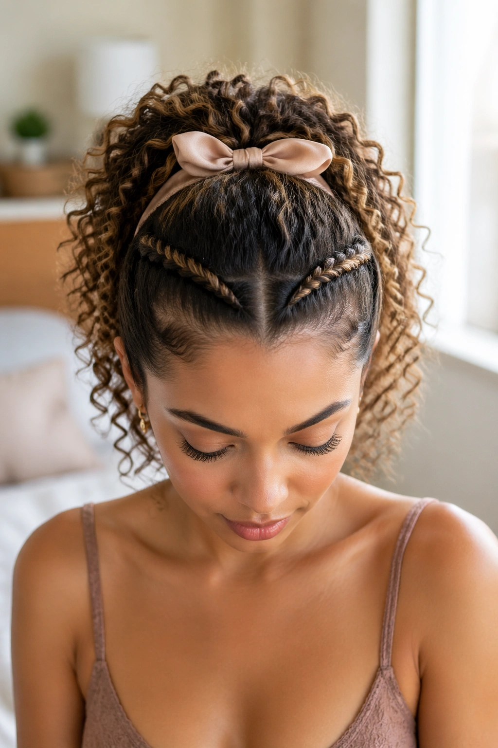 Close-up of a woman with a twisted crown bow ponytail
