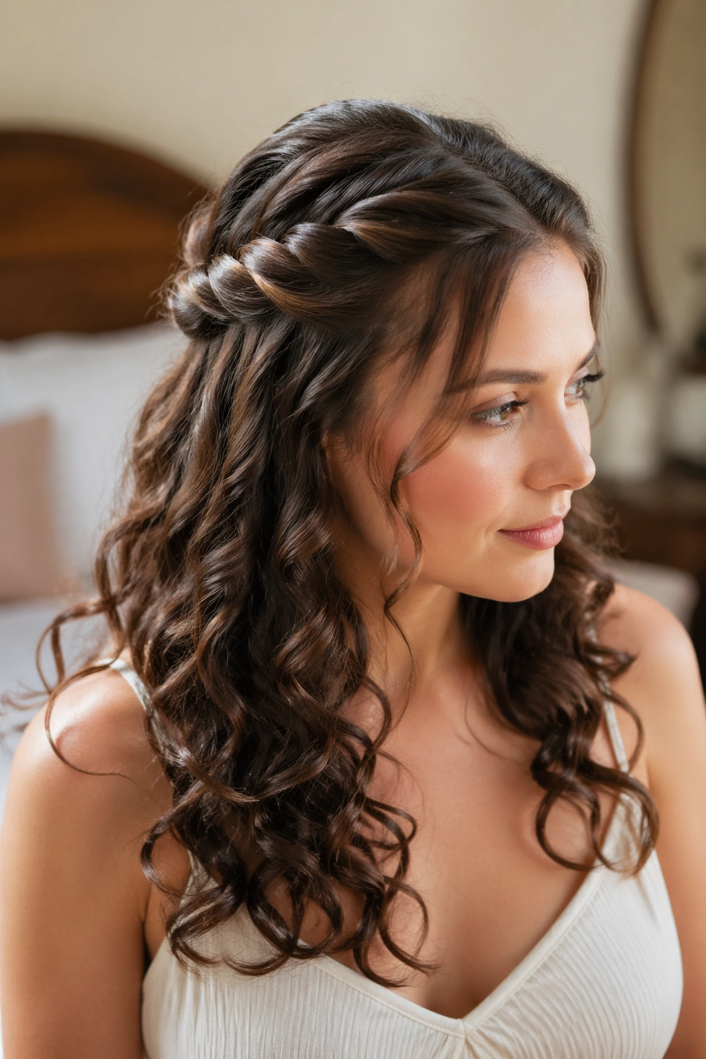 Close-up of a real woman with a twisted crown half-up on loose curls in warm window light